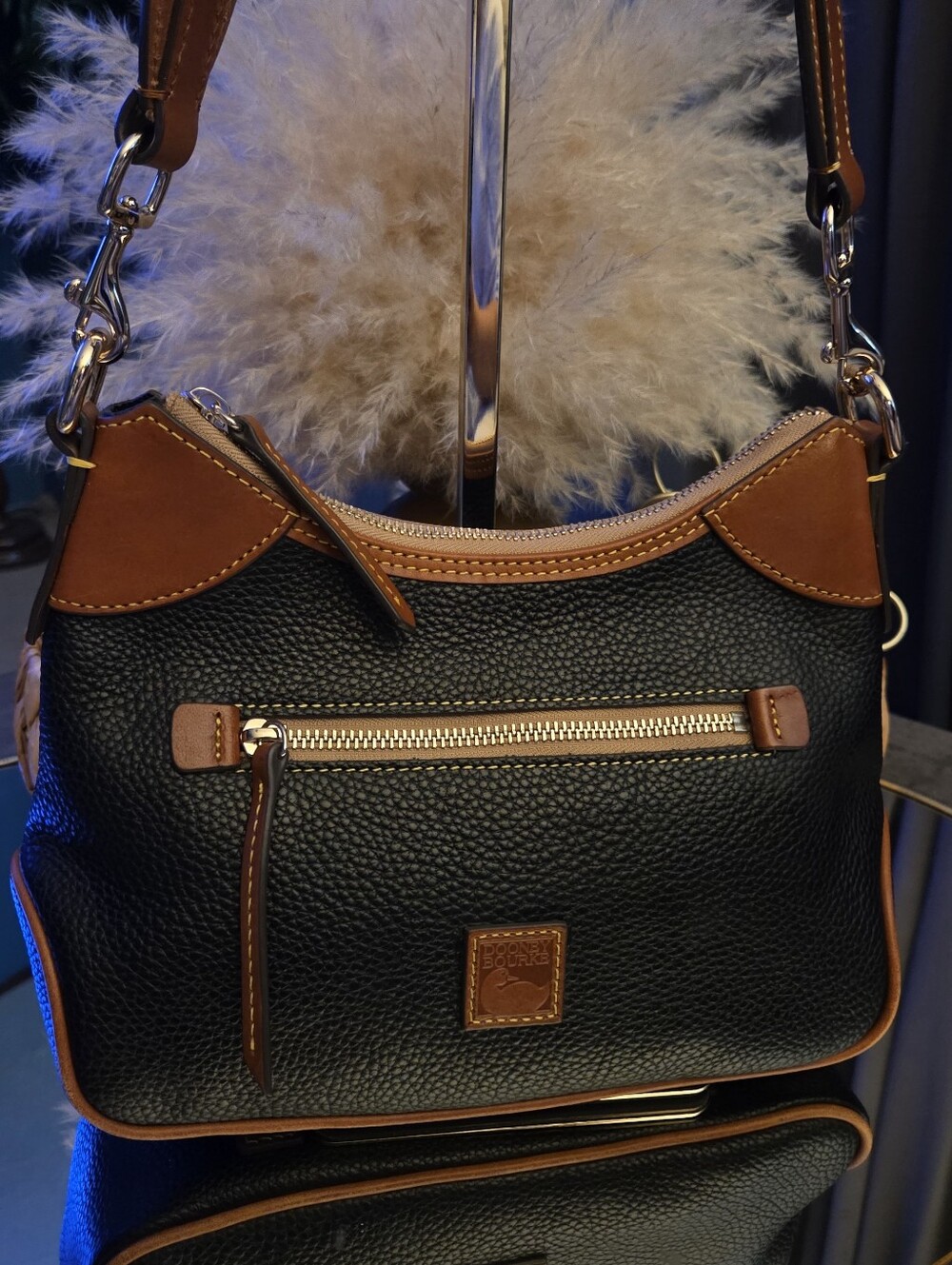 Dooney & Bourke Pebbled Leather Hobo Shoulder Bag Black British Tan